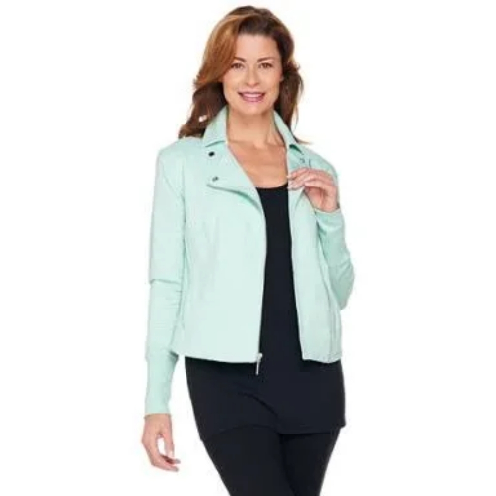 H by Halston French Terry Motorcycle Jacket with Rib Detail Heather Celery Sz 8